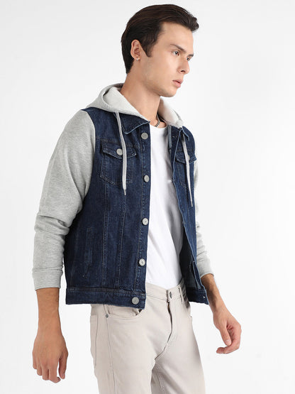 Dark-Wash Denim Jacket With Sweatshirt Sleeve