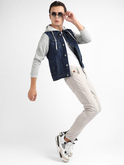 Dark-Wash Denim Jacket With Sweatshirt Sleeve