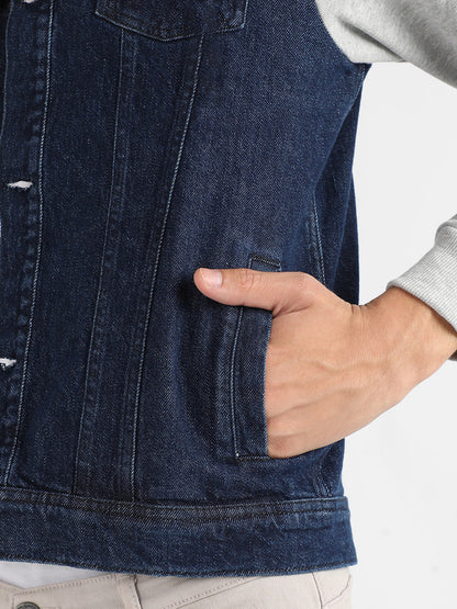 Men's Navy Blue & Light Grey Dark-Wash Denim Jacket With Sweatshirt Sleeve