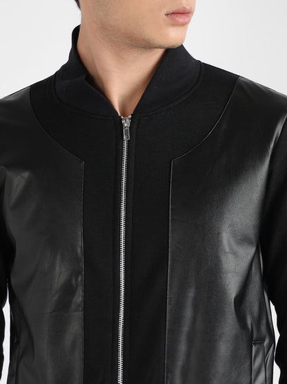 Men's Black Zip-Front Jacket With Ribbed Hem