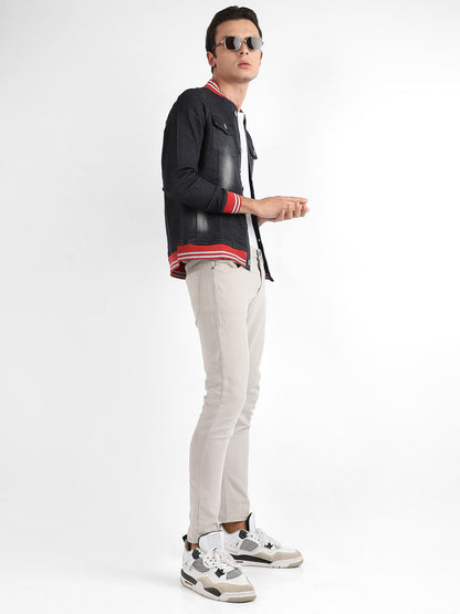 Dark-Wash Denim Jacket With Contrast Hem