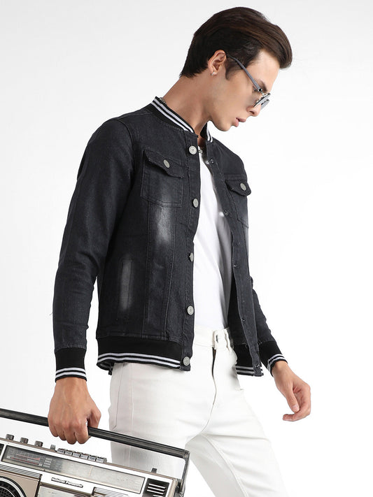 Button-Front Denim Jacket With Contrast Striped Hem