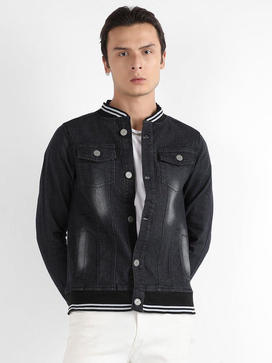 Button-Front Denim Jacket With Contrast Striped Hem
