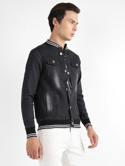 Button-Front Denim Jacket With Contrast Striped Hem
