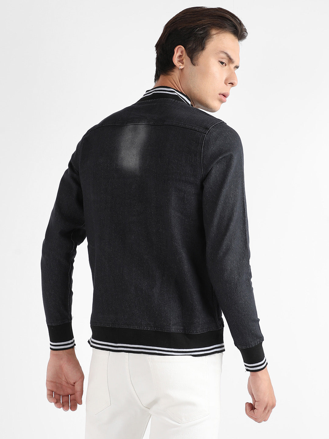 Button-Front Denim Jacket With Contrast Striped Hem