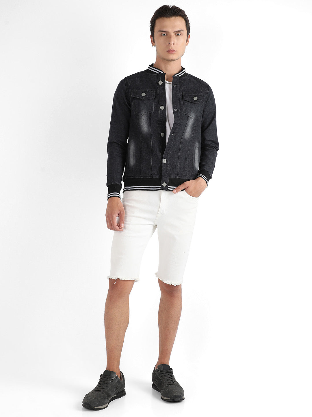 Button-Front Denim Jacket With Contrast Striped Hem