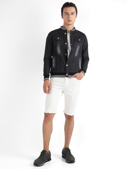 Button-Front Denim Jacket With Contrast Striped Hem