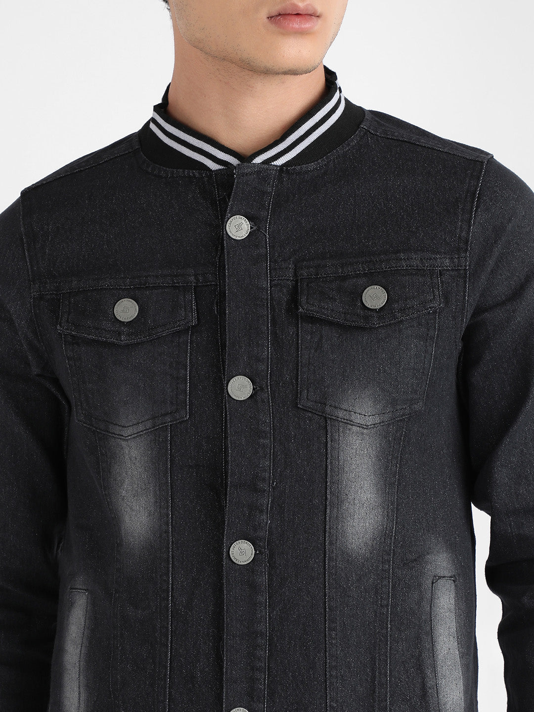 Men's Black Button-Front Denim Jacket With Contrast Striped Hem