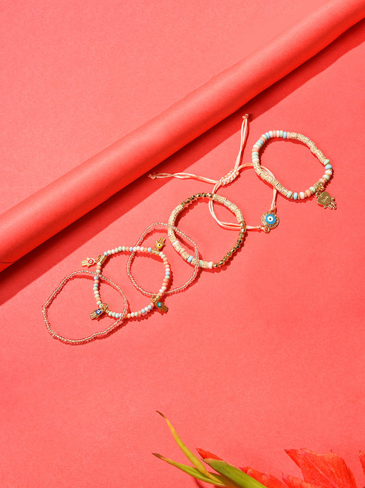 Pack Of 6 Gold Plated Beaded Bracelet