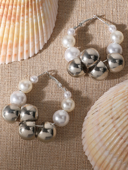 Sohi Silver Finish Pearl Hoop Earrings