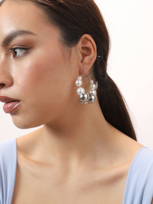 Sohi Silver Finish Pearl Hoop Earrings