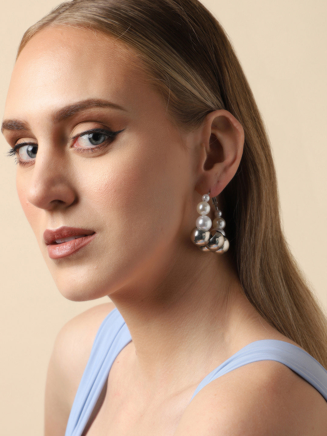 Sohi Silver Finish Pearl Hoop Earrings