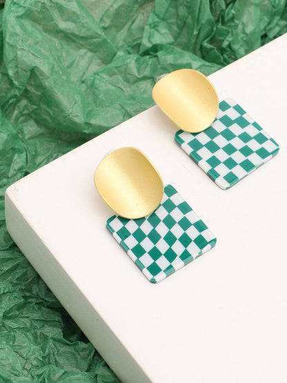 Sohi Gold Top Green Checks Drop Earring