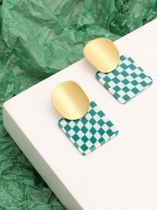 Sohi Gold Top Green Checks Drop Earring
