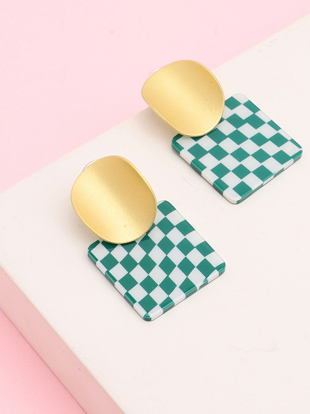 Sohi Gold Top Green Checks Drop Earring