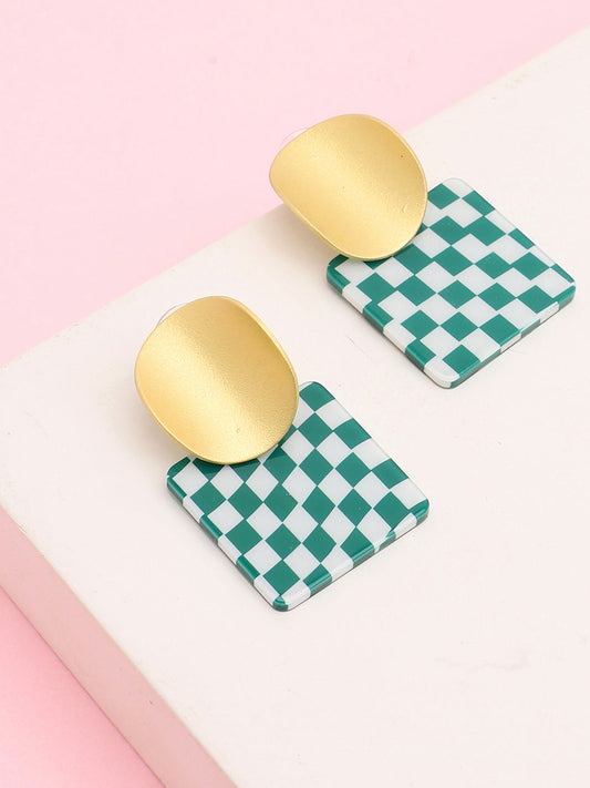 Sohi Gold Top Green Checks Drop Earring