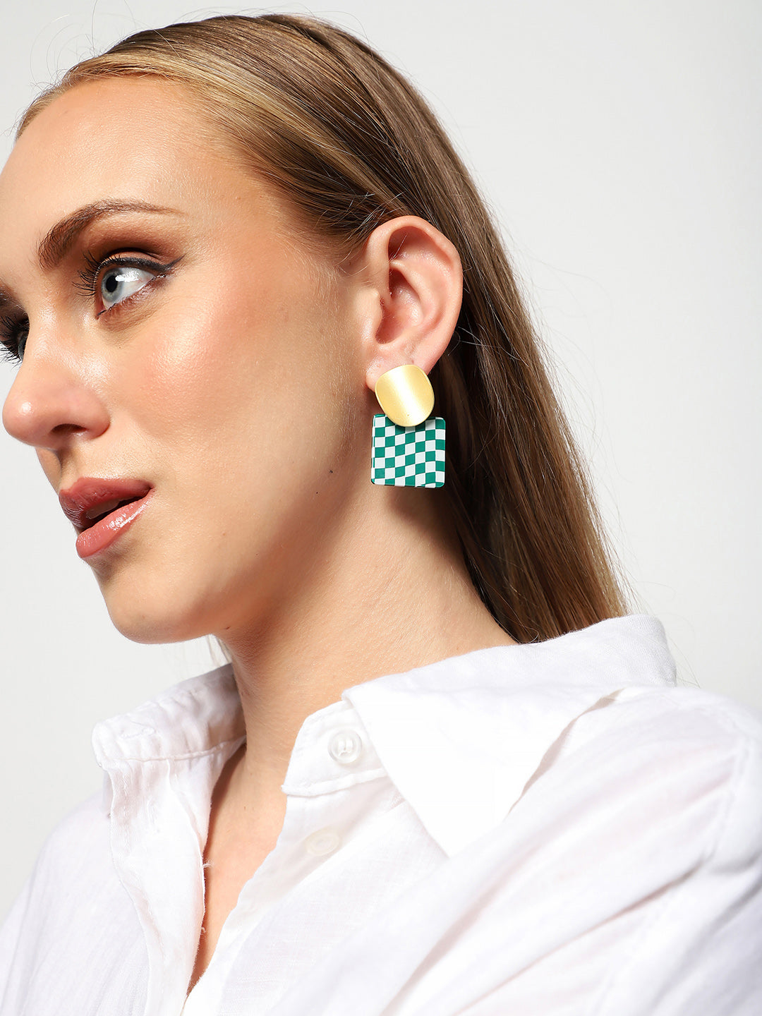 Sohi Gold Top Green Checks Drop Earring