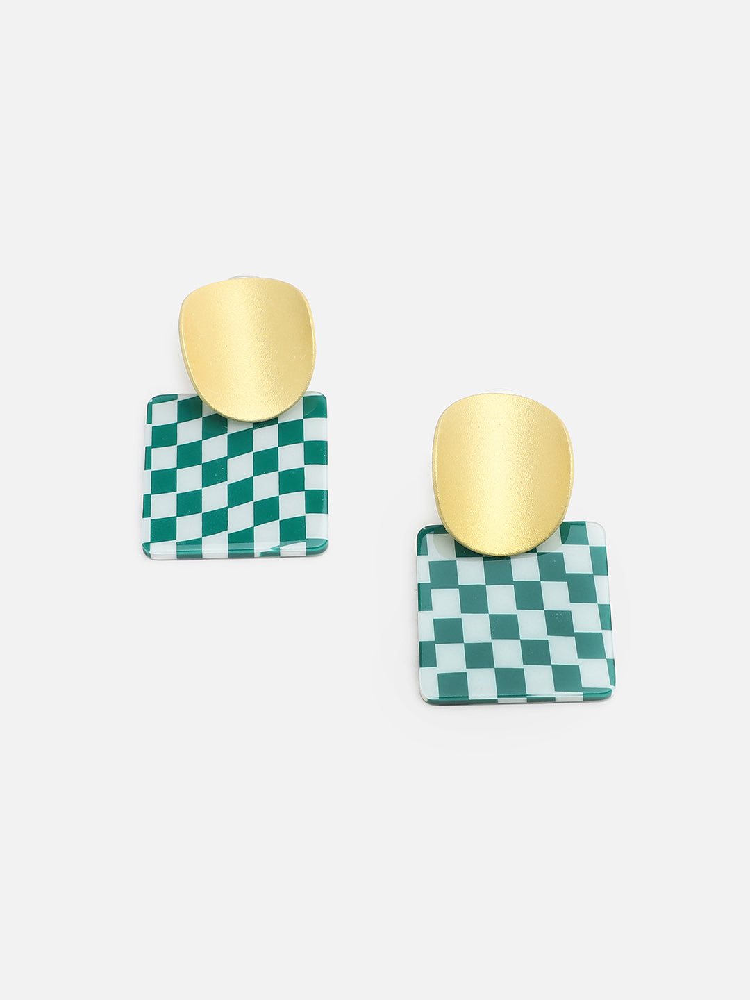 Sohi Gold Top Green Checks Drop Earring