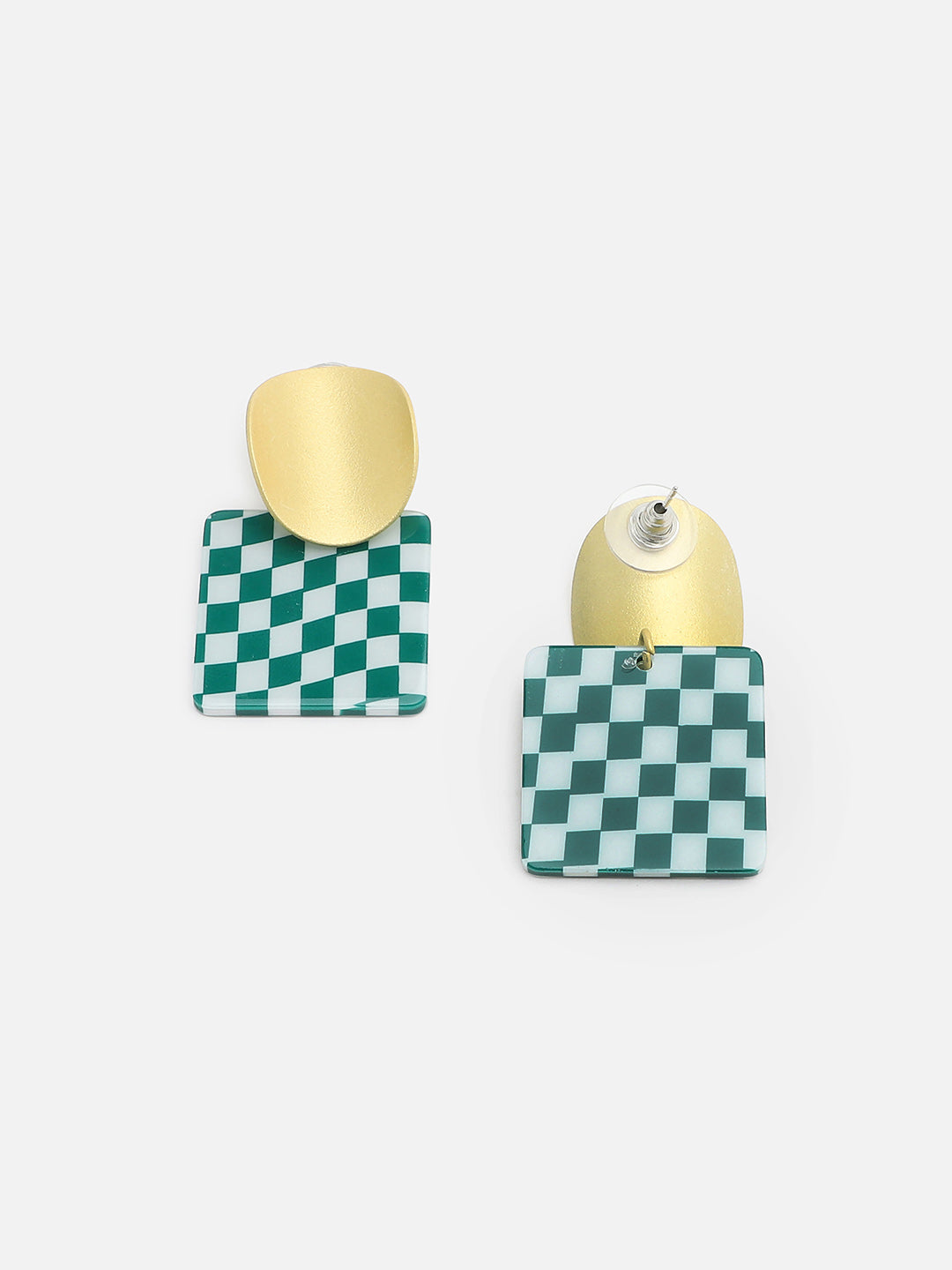 Sohi Gold Top Green Checks Drop Earring