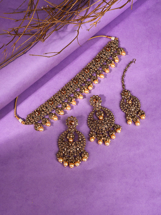 Gold Plated Beaded Choker, Maag Tikka And Earring Set
