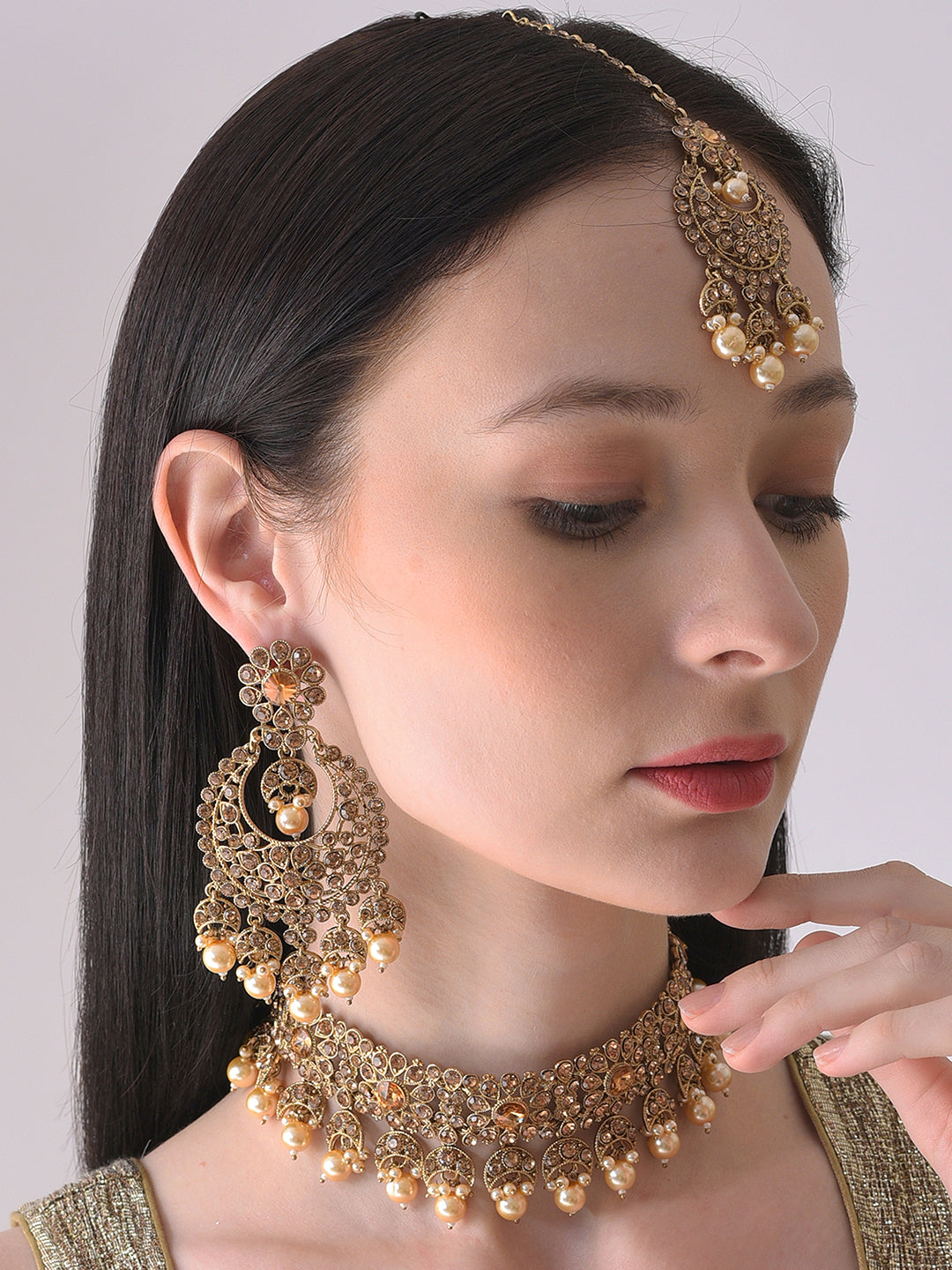 Gold Plated Beaded Choker, Maag Tikka And Earring Set