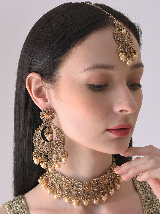 Gold Plated Beaded Choker, Maag Tikka And Earring Set