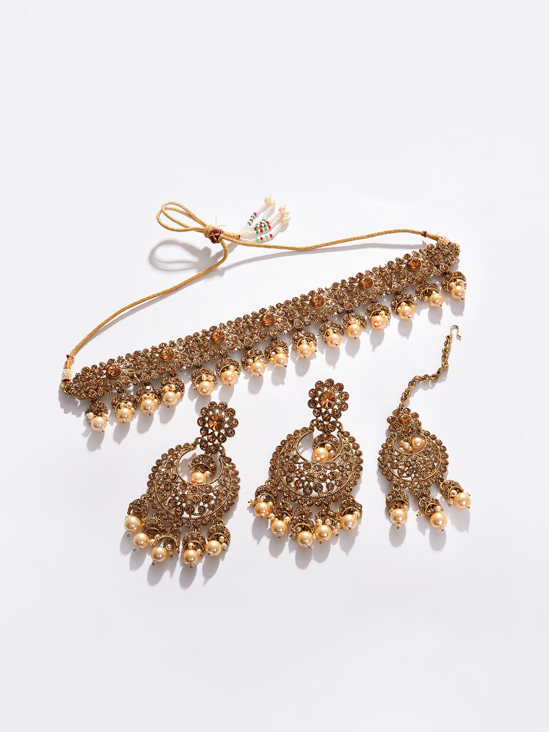 Gold Plated Beaded Choker, Maag Tikka And Earring Set