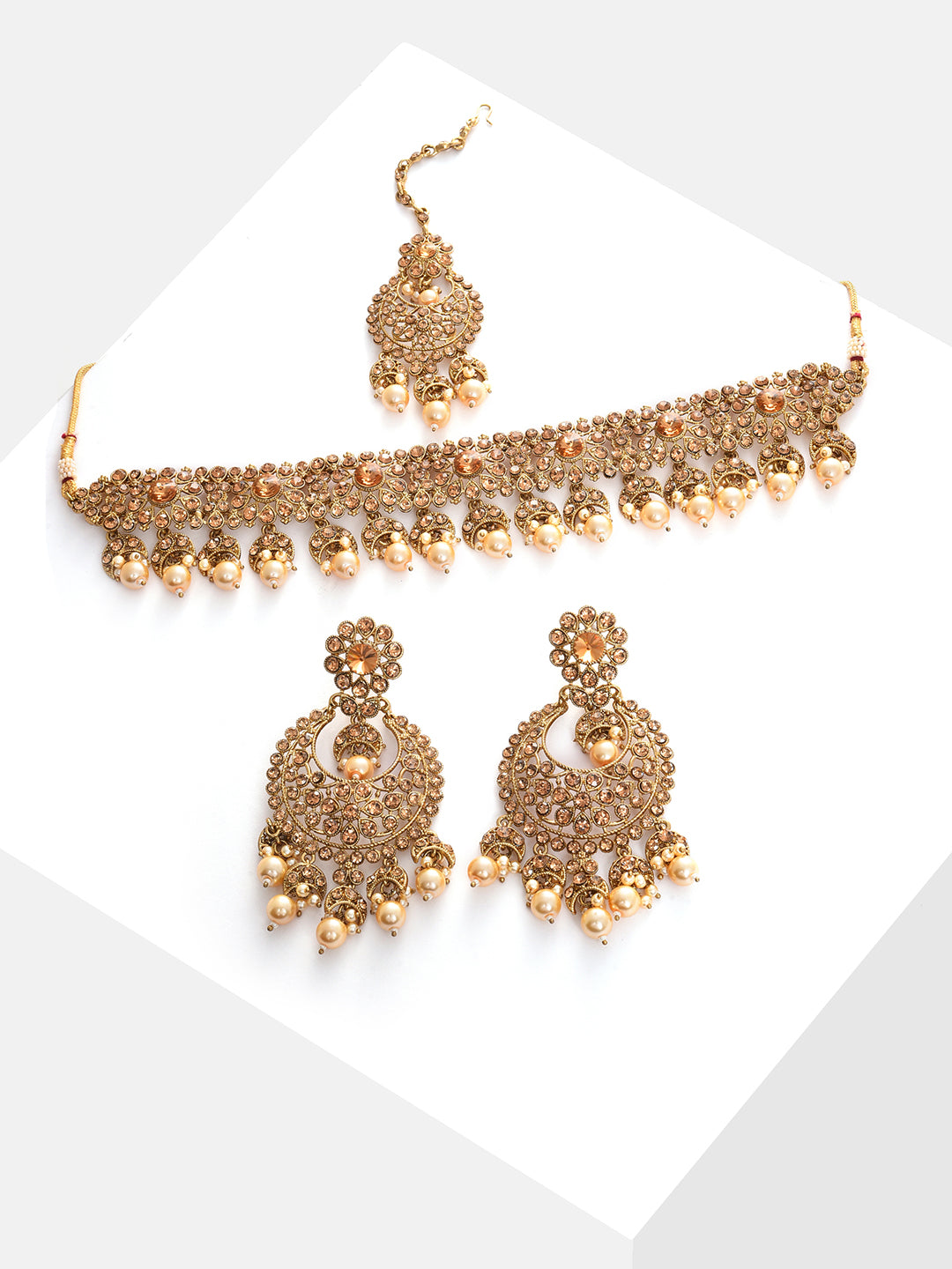 Gold Plated Beaded Choker, Maag Tikka And Earring Set