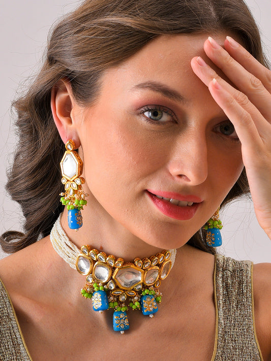 Gold Plated Kundan Beaded Necklace And Earring Set