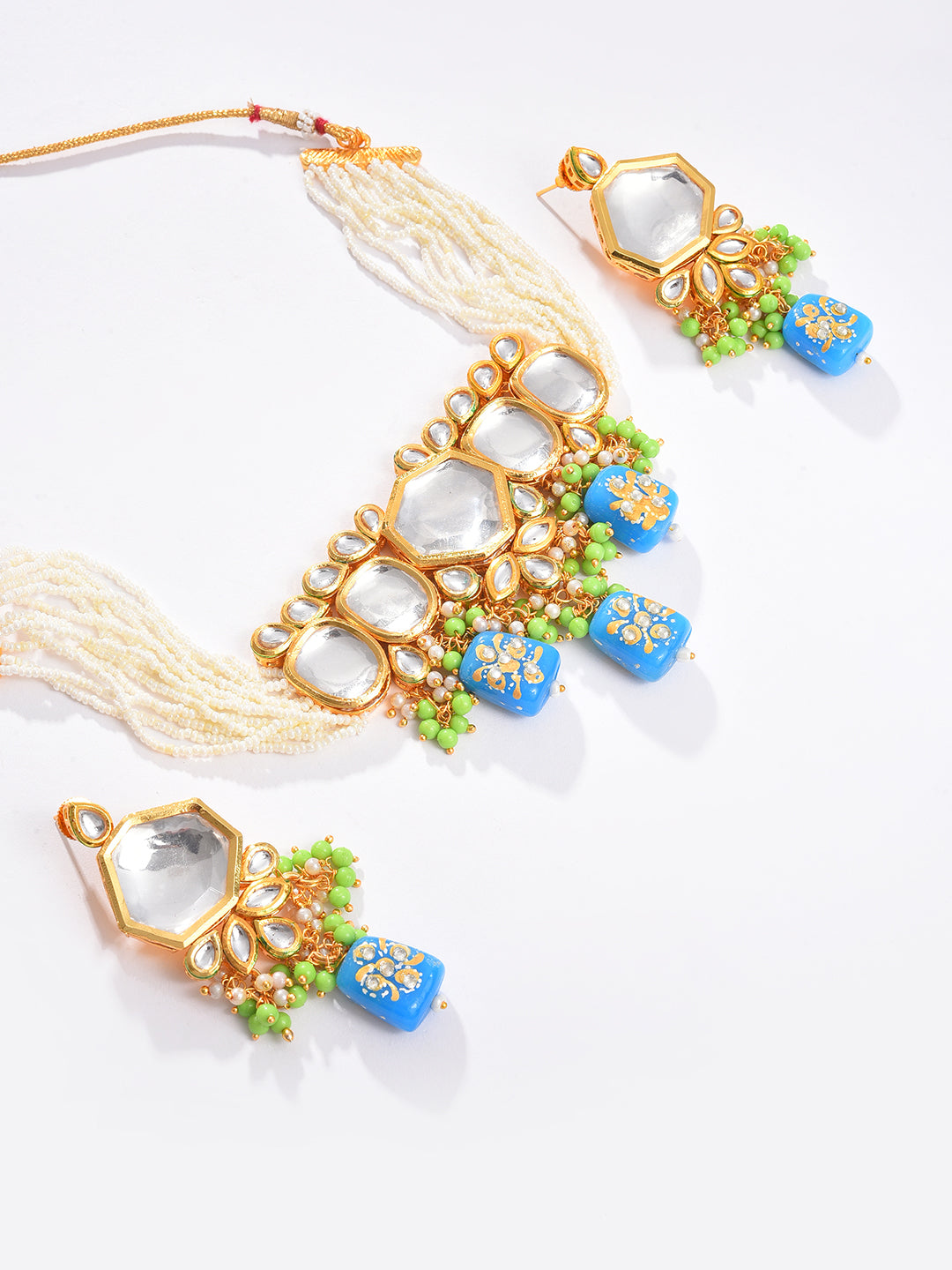 Gold Plated Kundan Beaded Necklace And Earring Set