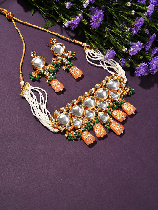 Gold Plated Kundan Beaded Necklace And Earring Set