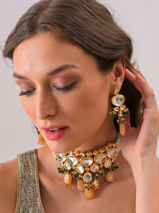 Gold Plated Kundan Beaded Necklace And Earring Set