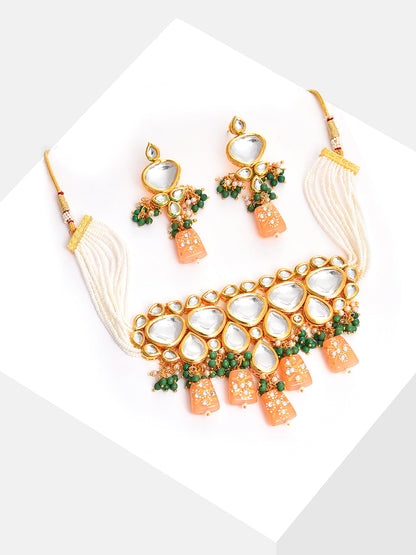 Gold Plated Kundan Beaded Necklace And Earring Set