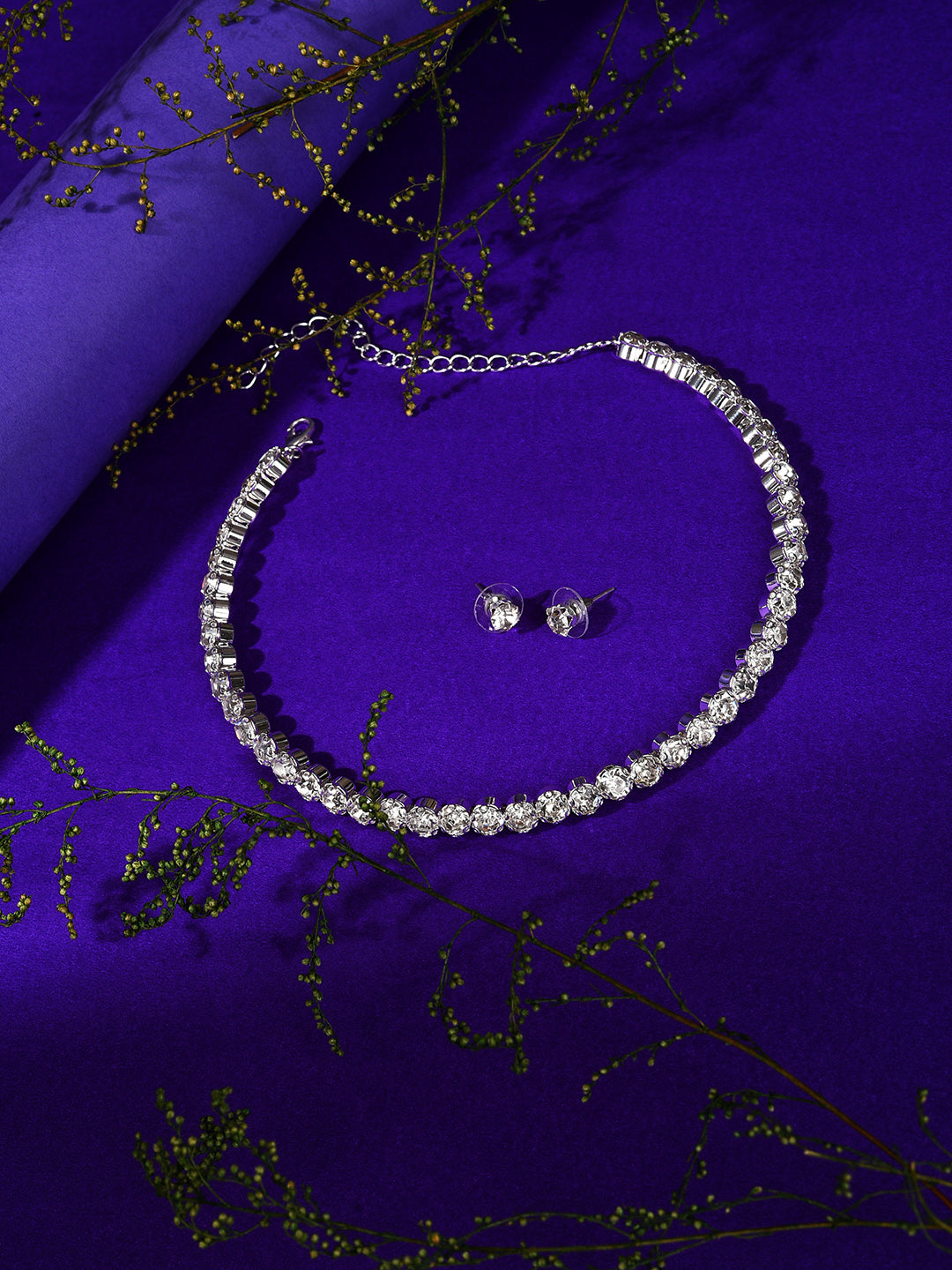 Silver Plated Designer Stone Necklace And Earring Set