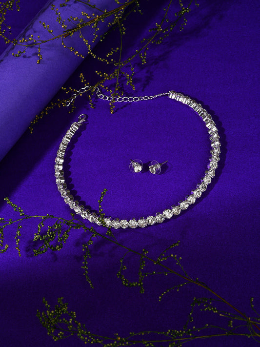 Silver Plated Designer Stone Necklace And Earring Set