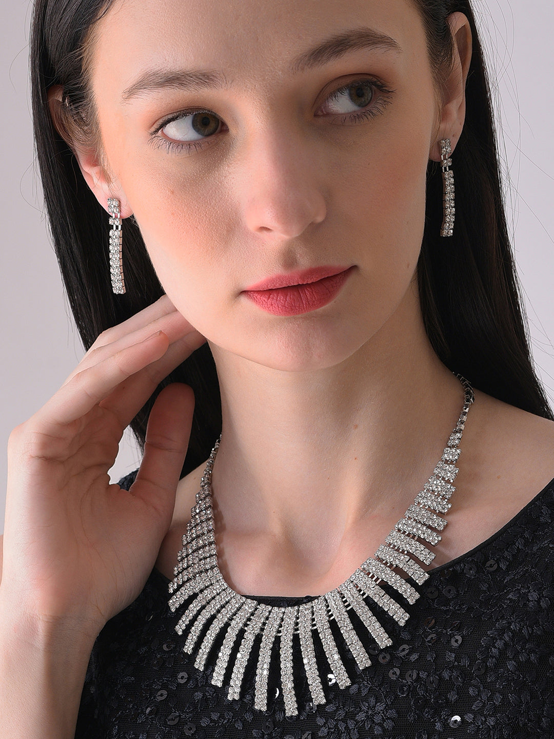 Silver Plated Designer Stone Necklace And Earring Set