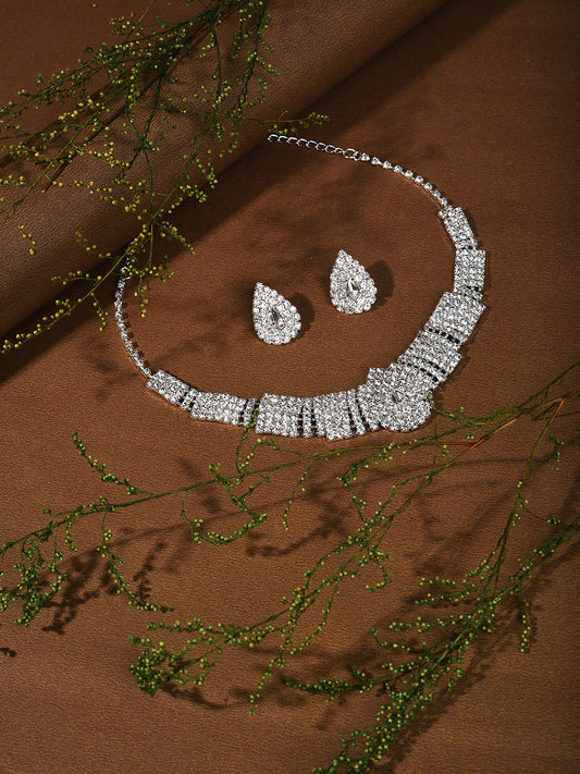 Silver Plated Designer Stone Necklace And Earring Set