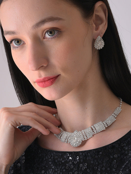 Silver Plated Designer Stone Necklace And Earring Set