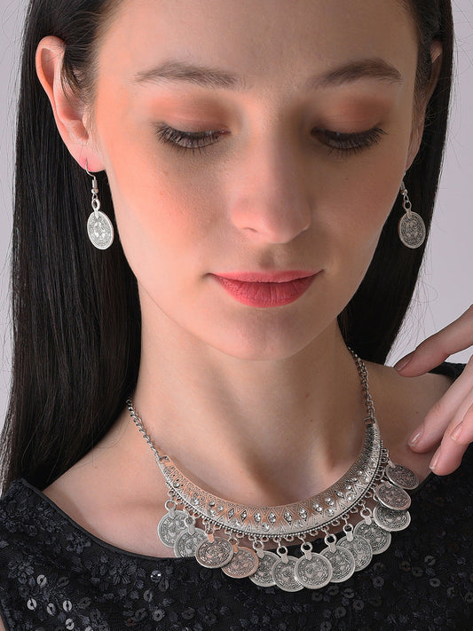 Silver Plated Designer Stone Necklace And Earring Set
