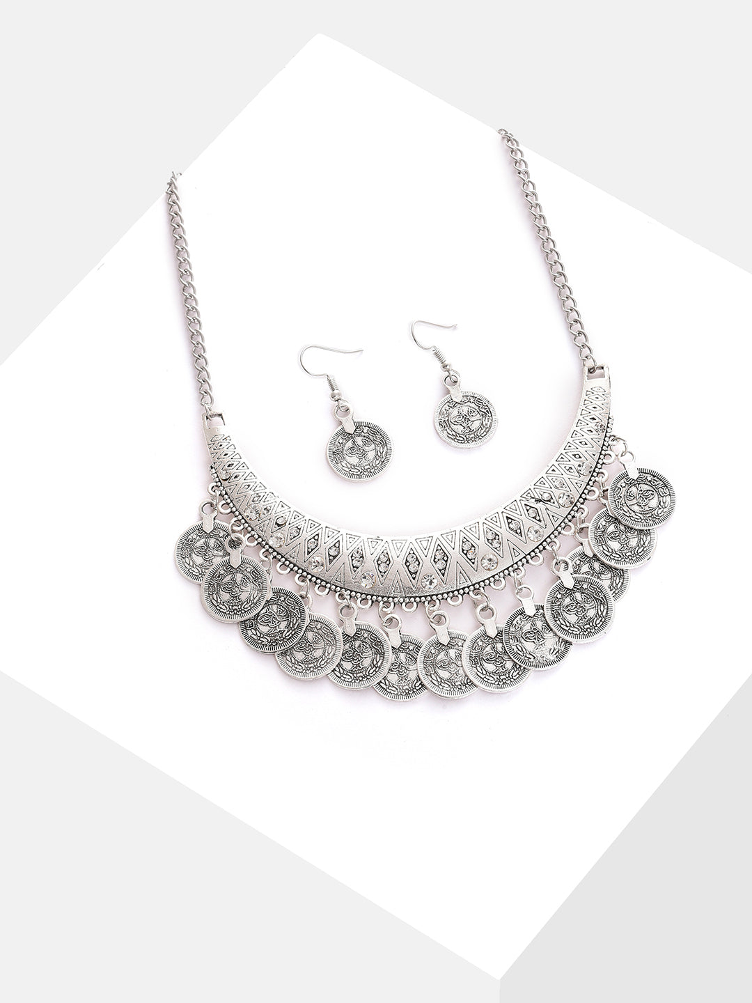 Silver Plated Designer Stone Necklace And Earring Set