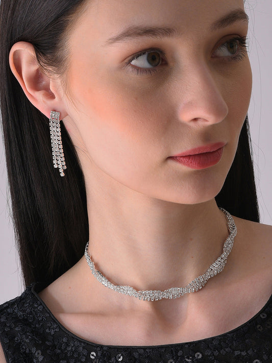 Silver Plated Designer Stone Necklace And Earring Set