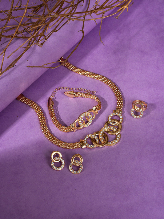 Gold Plated Designer Stone Necklace, Earrings, Bracelet And Ring Set