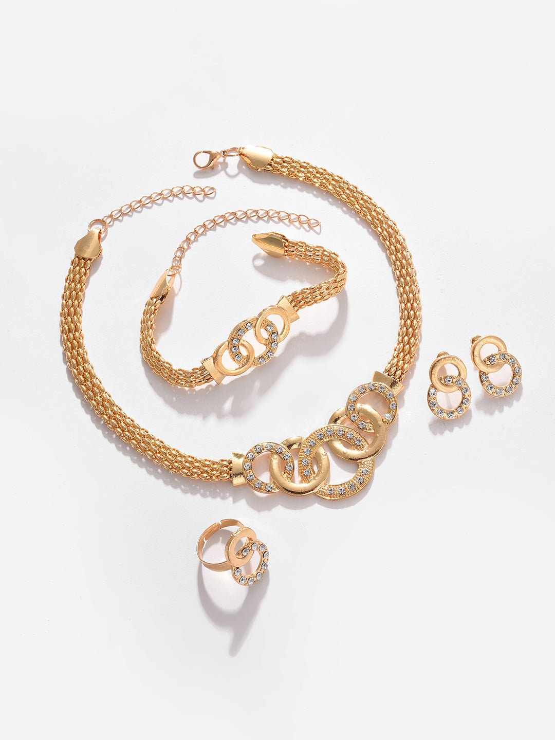 Gold Plated Designer Stone Necklace, Earrings, Bracelet And Ring Set