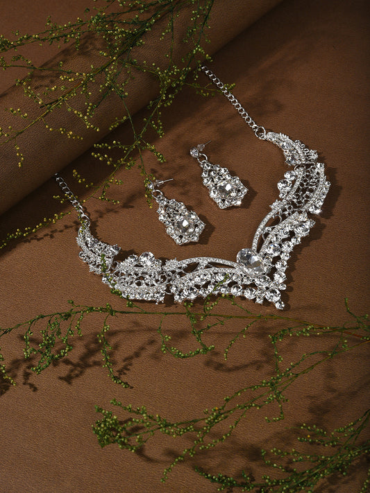 Silver Plated Designer Stone Necklace And Earring Set