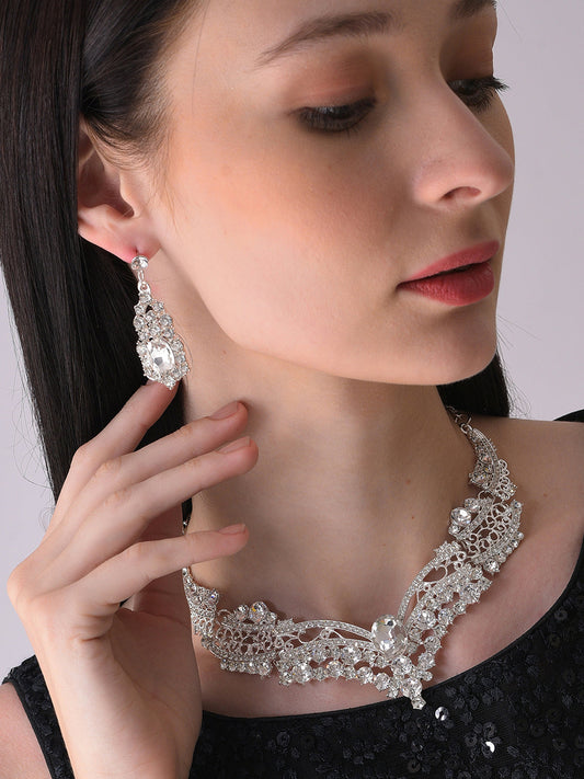 Silver Plated Designer Stone Necklace And Earring Set