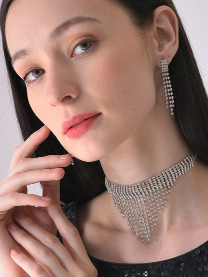 Silver Plated Designer Stone Necklace And Earring Set
