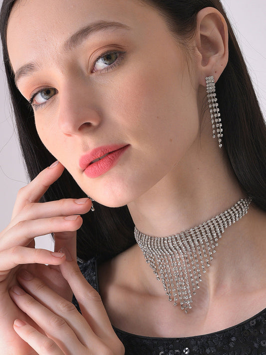 Silver Plated Designer Stone Necklace And Earring Set