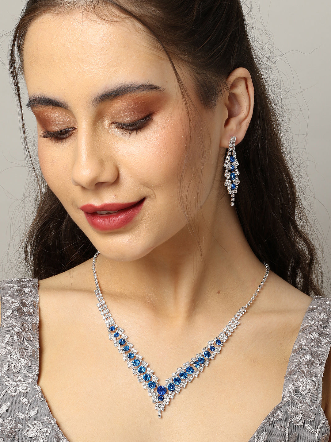 Silver Plated Designer Stone Necklace And Earring Set