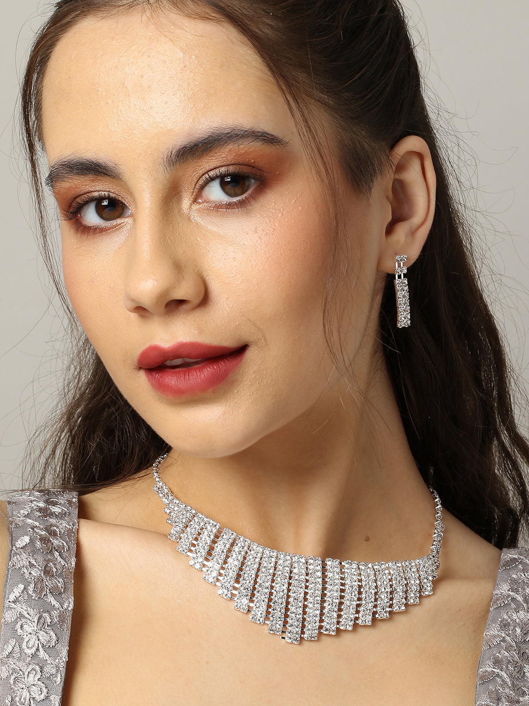 Silver Plated Designer Stone Necklace And Earring Set