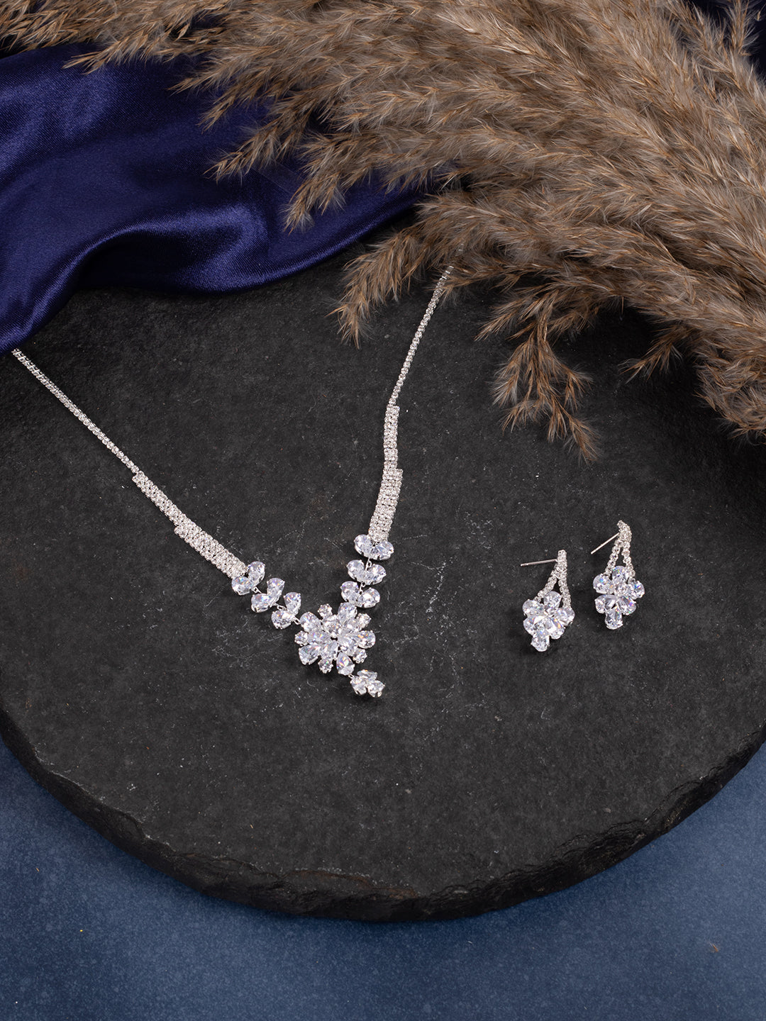 Silver Plated Designer Stone Necklace And Earring Set